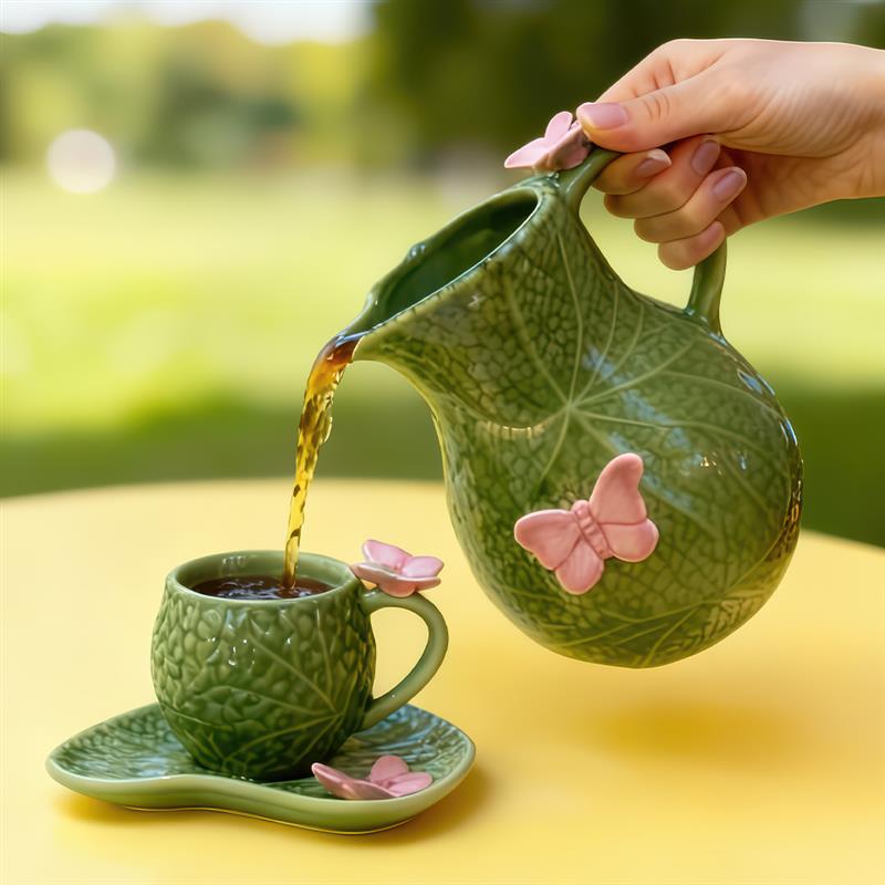 JUG WITH HANDLE CERAMIC GREEN AND EMBOSSED BUTTERFLY | Flying