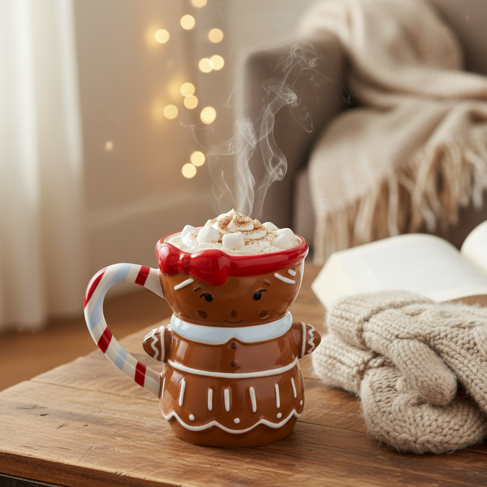 MUG W HANDLE GINGERBREAD GIRL SHAPE W CANDYCANE HANDLE | Flying