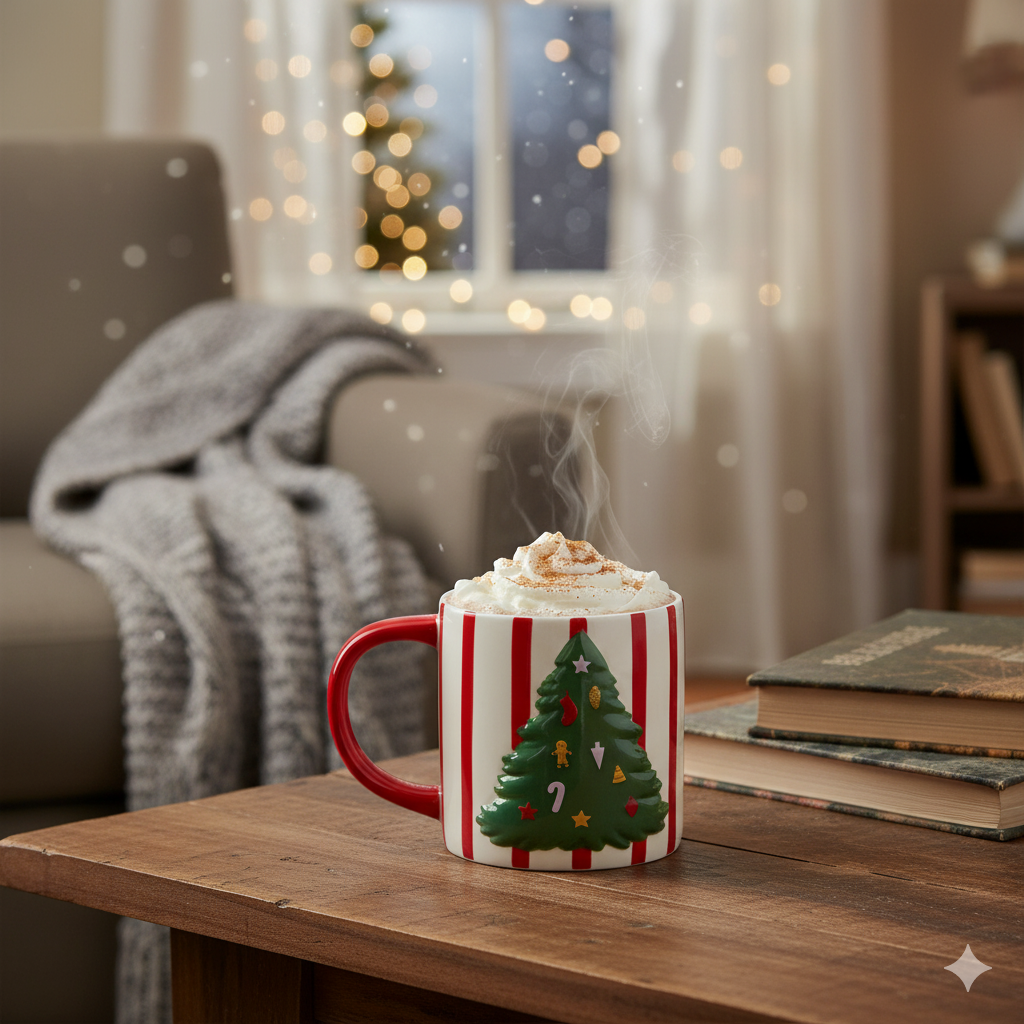MUG W HANDLE STRIPES AND EMBOSSED XMAS TREE 400ML | Flying Tiger