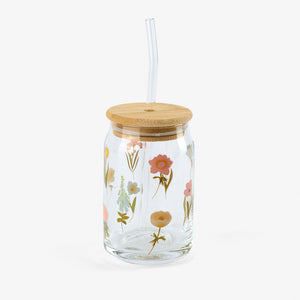 Çiçek Desenli Cam Kavanoz Bardak