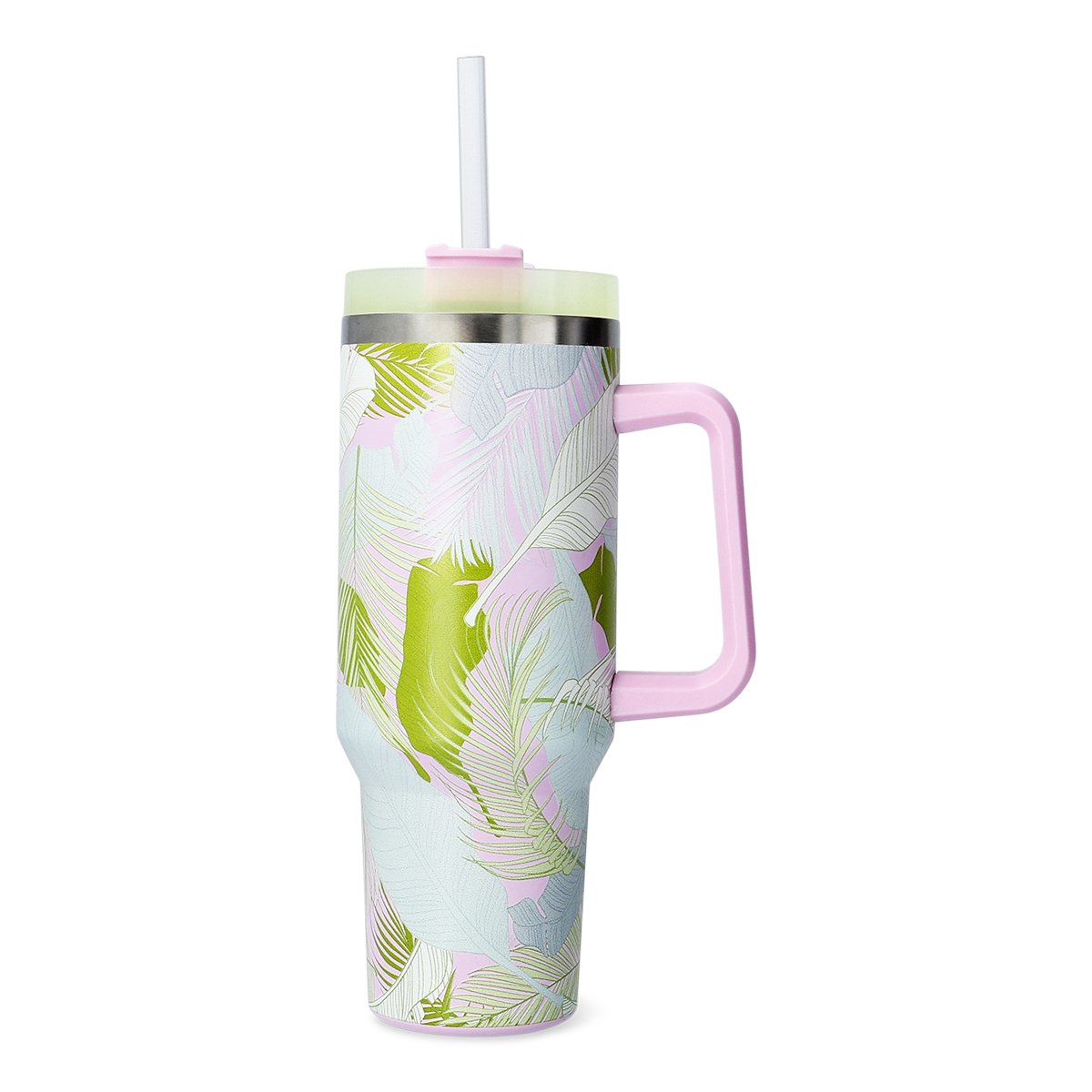 TUMBLER WITH HANDLE LARGE SS PALM LEAVES