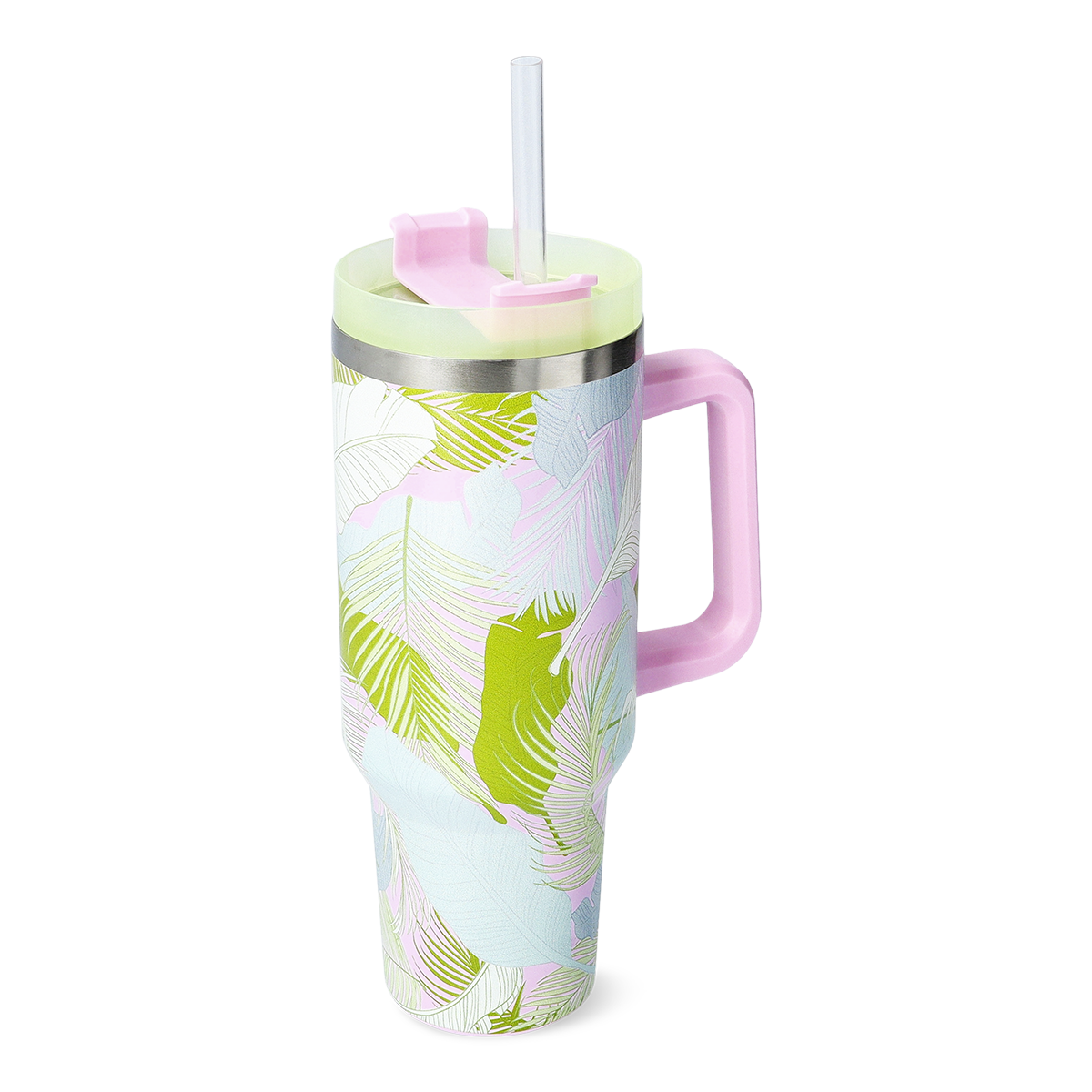 TUMBLER WITH HANDLE LARGE SS PALM LEAVES