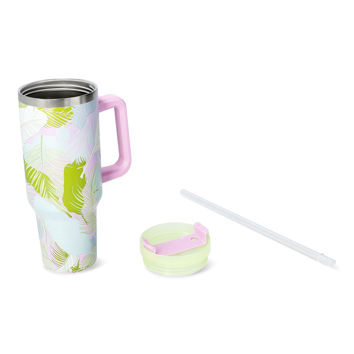 TUMBLER WITH HANDLE LARGE SS PALM LEAVES