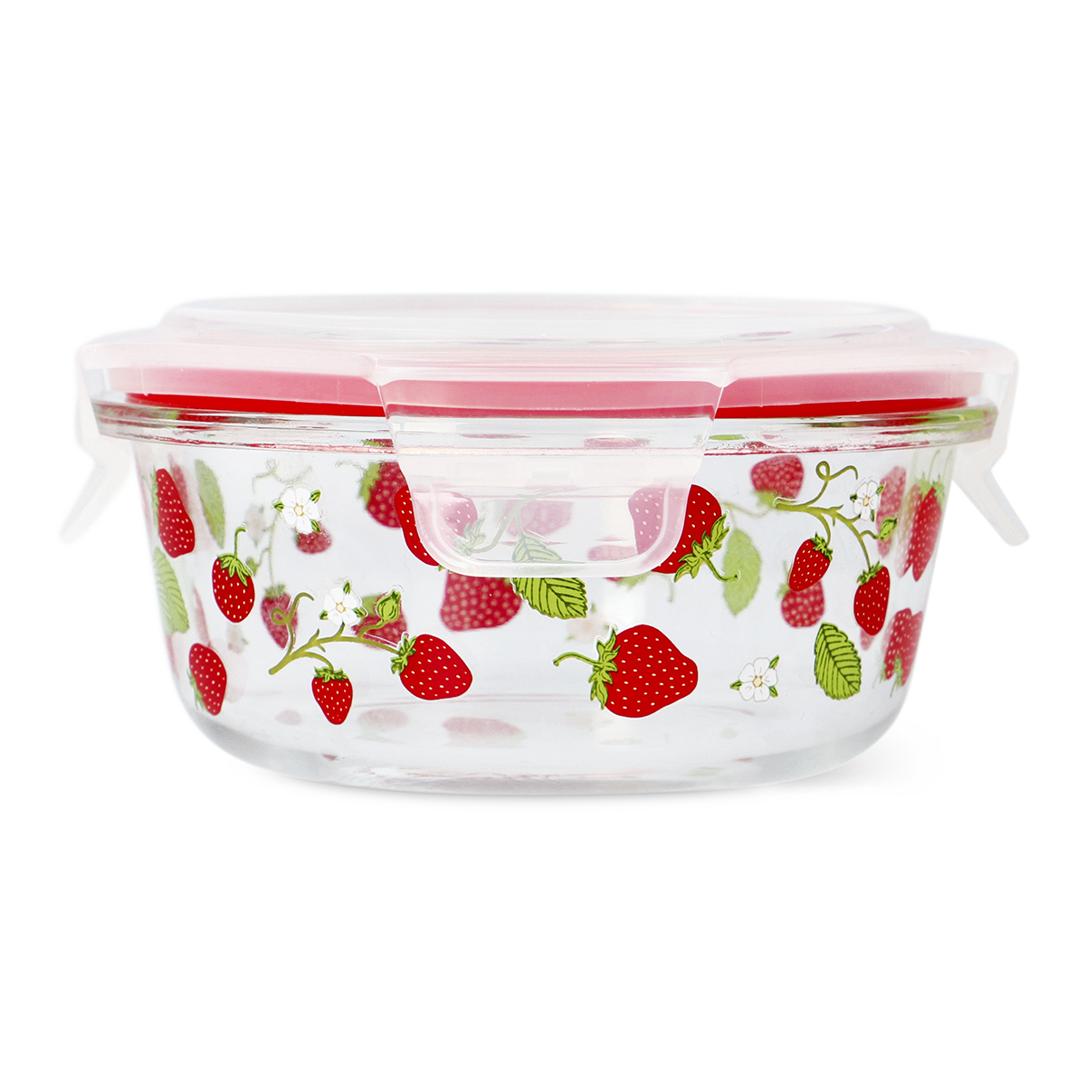 CONTAINER GLASS ROUND SHAPE W LID STRAWBERRY PRINT LARGE
