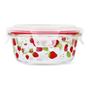 CONTAINER GLASS ROUND SHAPE W LID STRAWBERRY PRINT LARGE