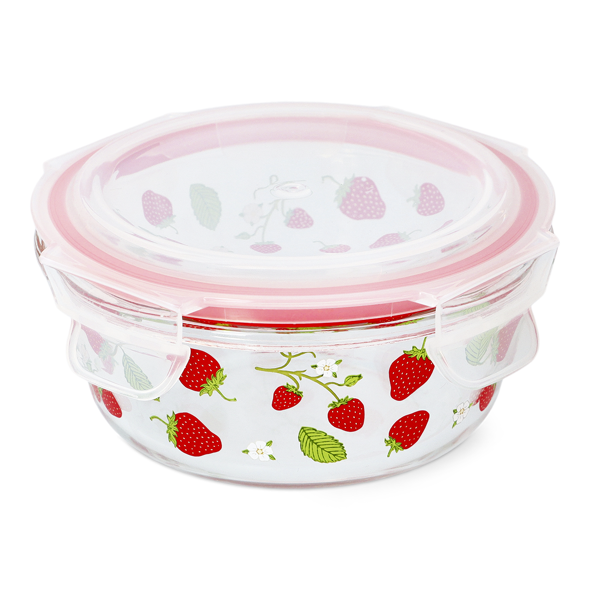 CONTAINER GLASS ROUND SHAPE W LID STRAWBERRY PRINT LARGE