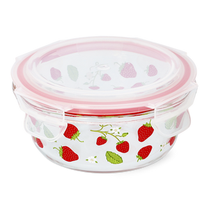 CONTAINER GLASS ROUND SHAPE W LID STRAWBERRY PRINT LARGE