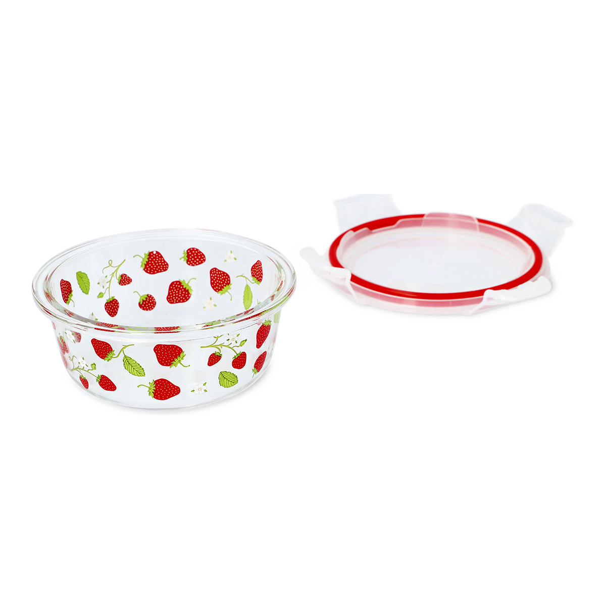 CONTAINER GLASS ROUND SHAPE W LID STRAWBERRY PRINT LARGE