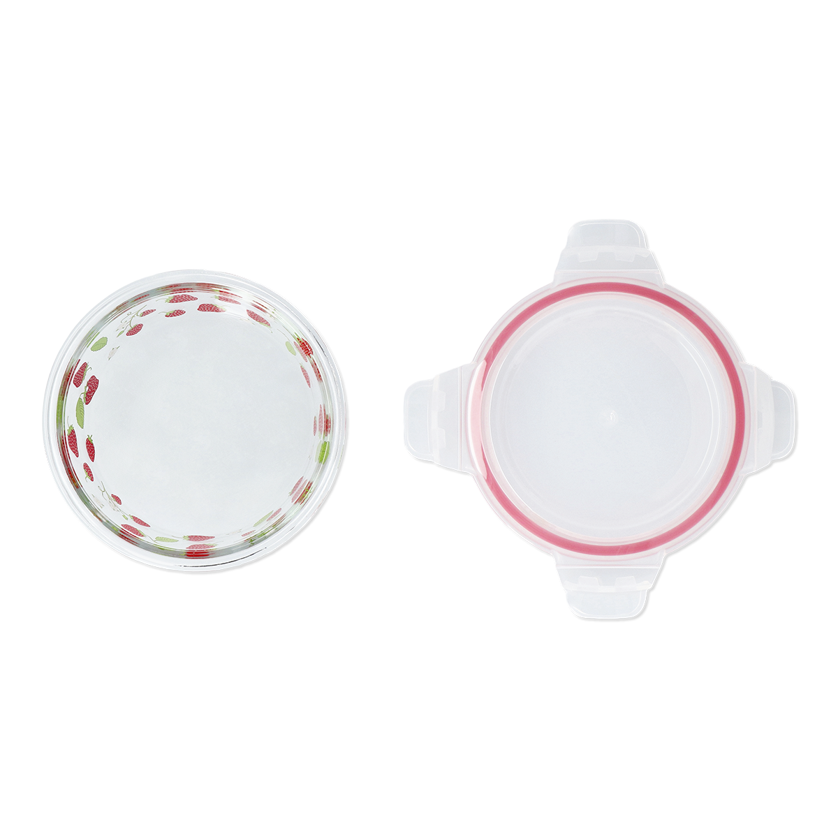 CONTAINER GLASS ROUND SHAPE W LID STRAWBERRY PRINT LARGE