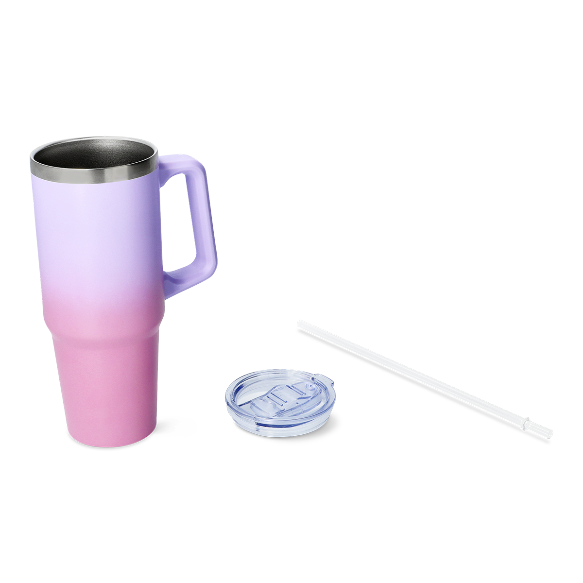 TUMBLER W HANDLE AND STRAW GRADIENT PURPLE AND PINK SMALL