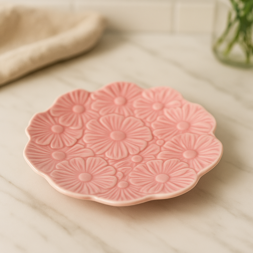 Küçük Pembe Çiçek Desenli Seramik Tabak