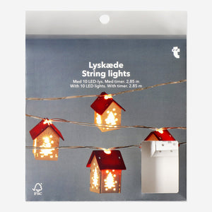 LIGHT CHAIN W. TIMER 10 PCS LED WOOD HOUSES