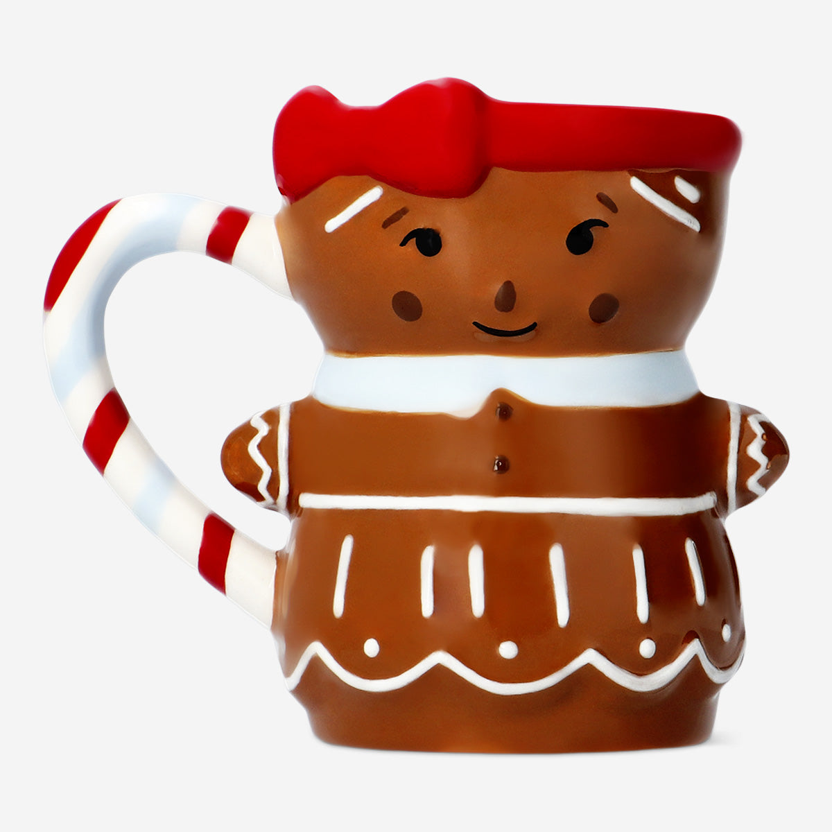 MUG W HANDLE GINGERBREAD GIRL SHAPE W CANDYCANE HANDLE
