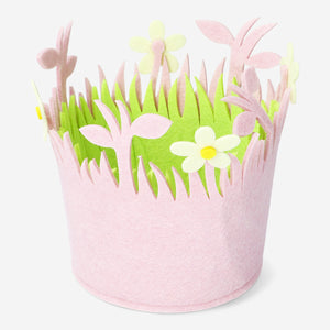 BASKET FELT PINK W WHITE FLOWERS MEDIUM