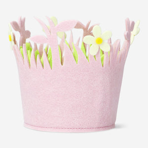 BASKET FELT PINK W WHITE FLOWERS MEDIUM
