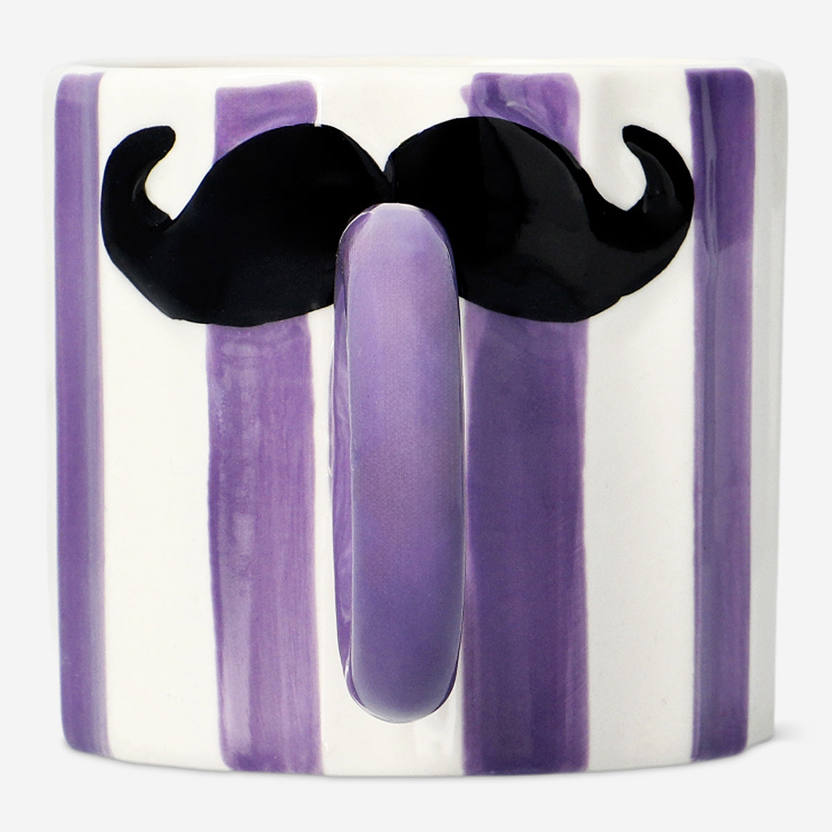 MUG WITH HANDLE W EMBOSSED MOUSTACHE ON HANDLE AND STRIPES