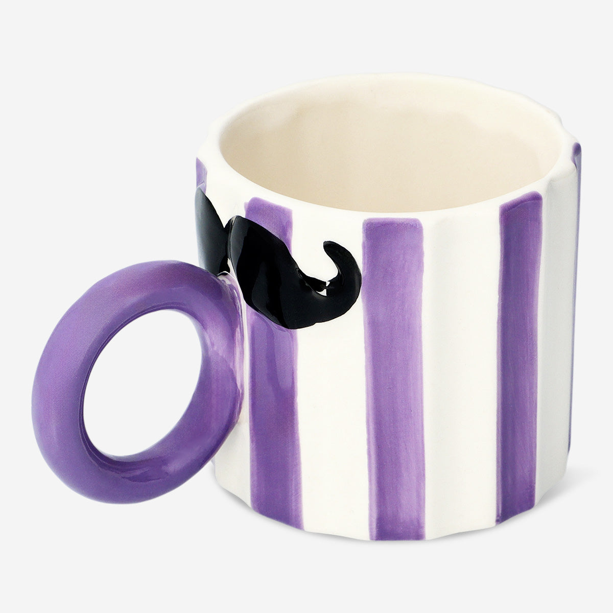 MUG WITH HANDLE W EMBOSSED MOUSTACHE ON HANDLE AND STRIPES