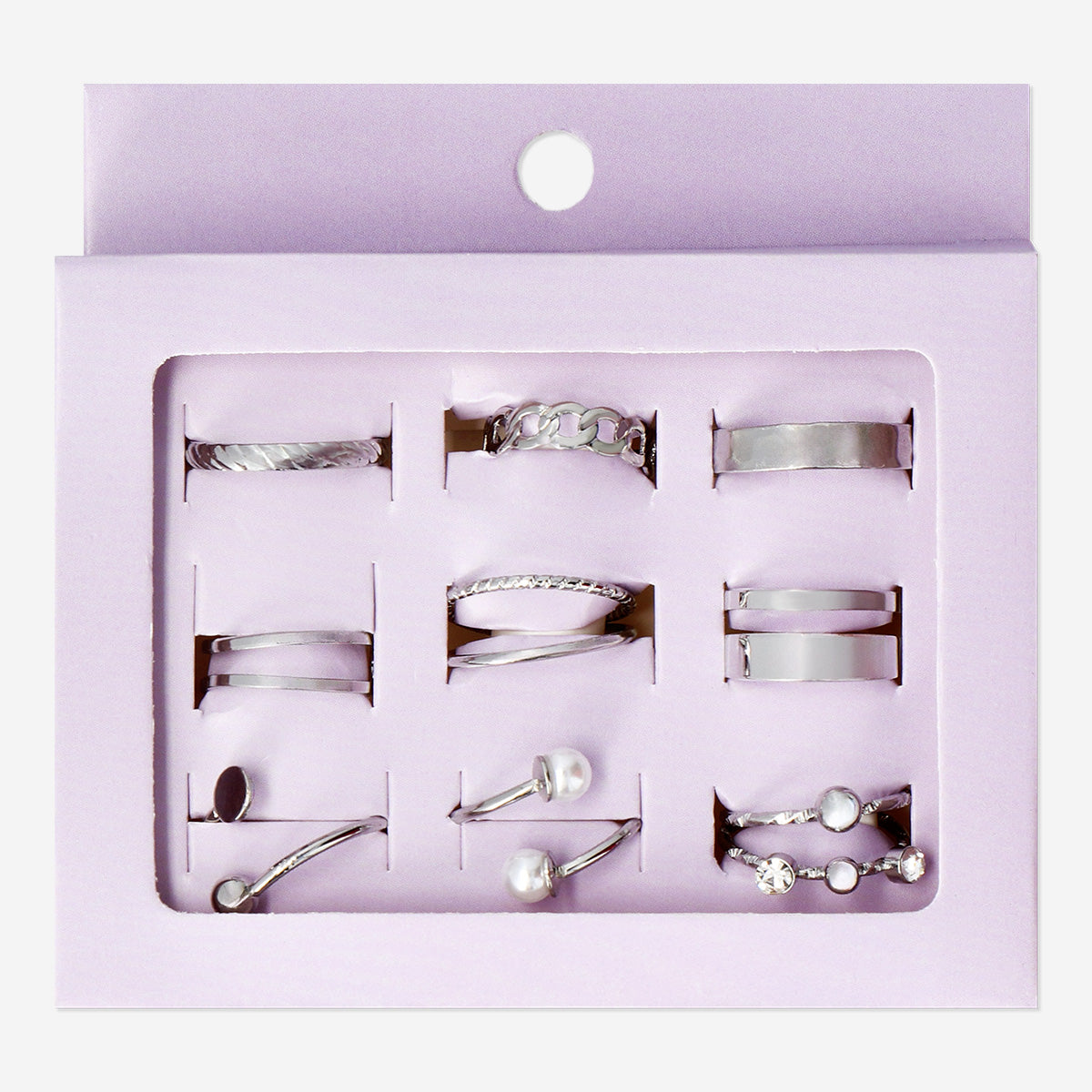 FINGERRINGS SILVER+PEARLS 9PCS SET ADJUSTABLE
