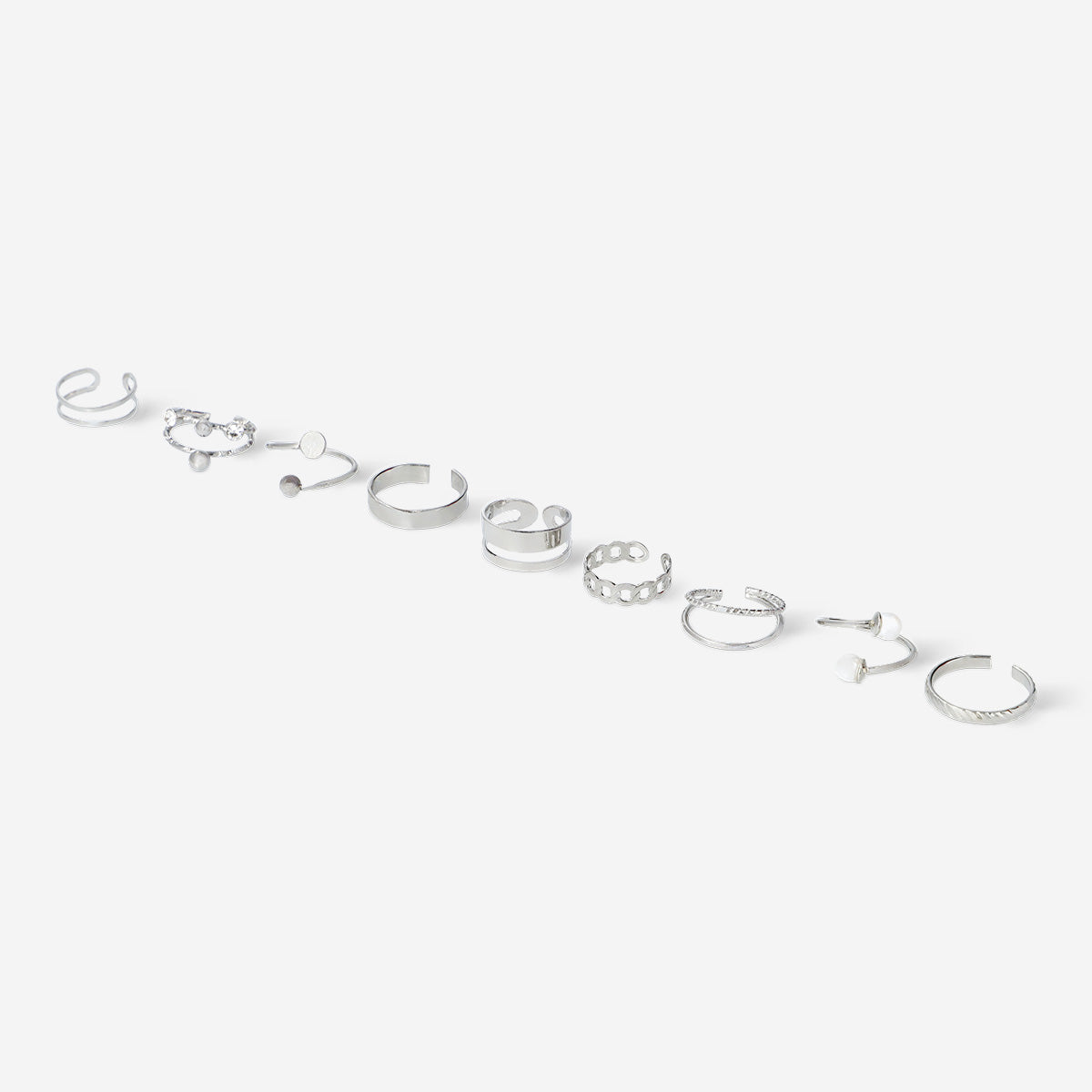 FINGERRINGS SILVER+PEARLS 9PCS SET ADJUSTABLE
