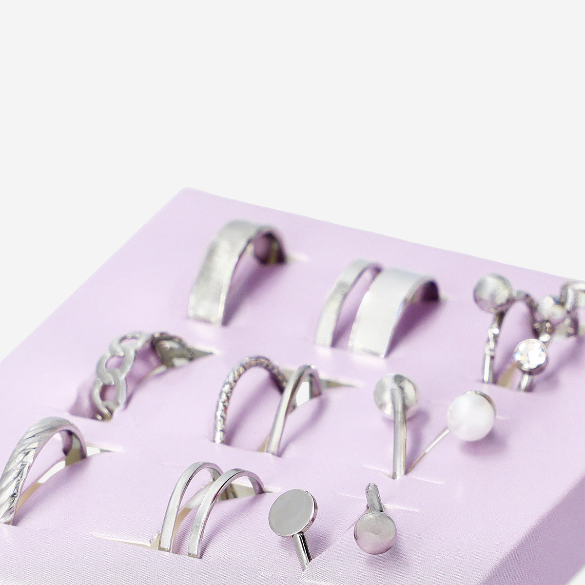 FINGERRINGS SILVER+PEARLS 9PCS SET ADJUSTABLE