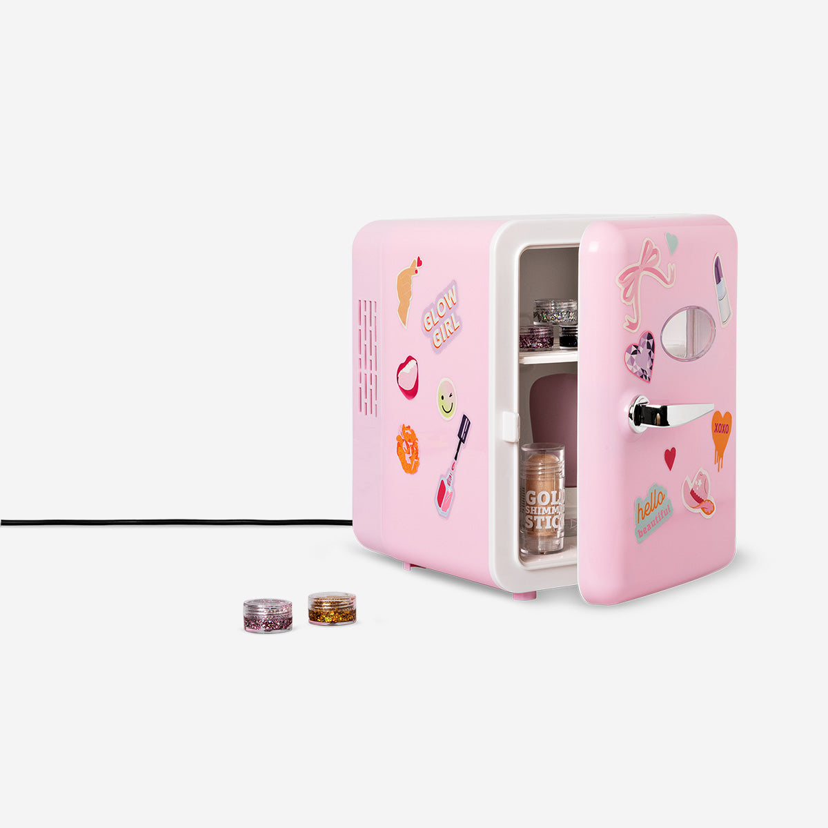 Sticker Detaylı Pembe Mini Kozmetik Buzdolabı