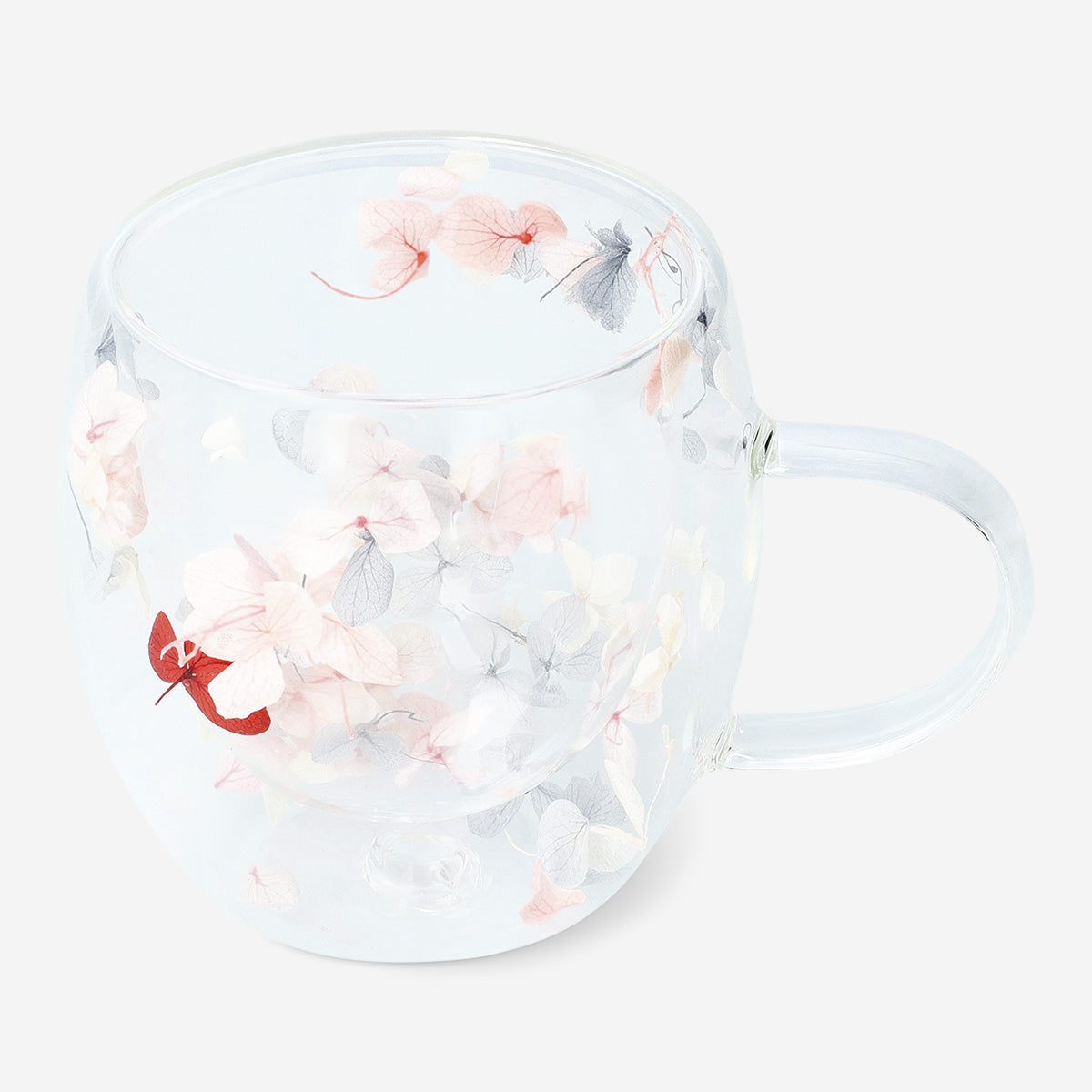 MUG GLASS DOUBLE WALL W HANDLE W DRIED FLOWERS INSIDE OPT2