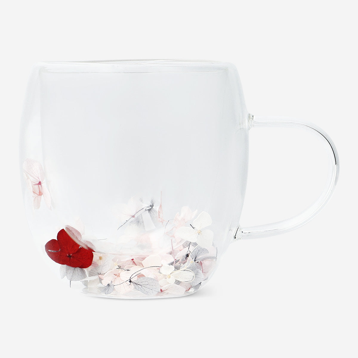 MUG GLASS DOUBLE WALL W HANDLE W DRIED FLOWERS INSIDE OPT2