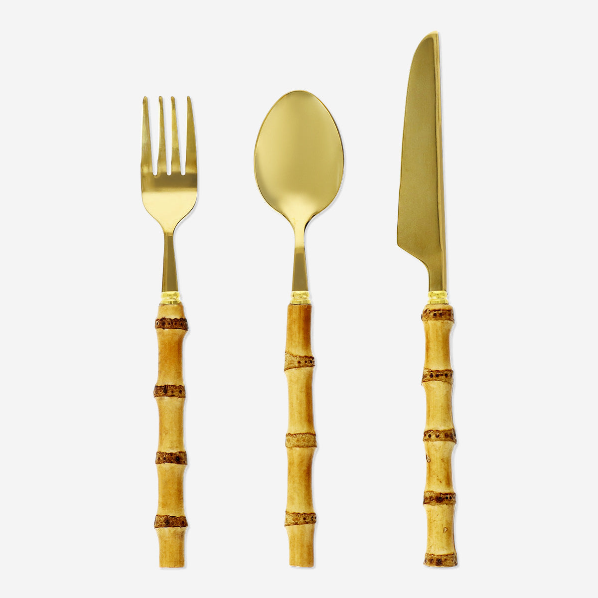 3 Parça Gold Bambu Saplı Çatal Kaşık Bıçak Seti