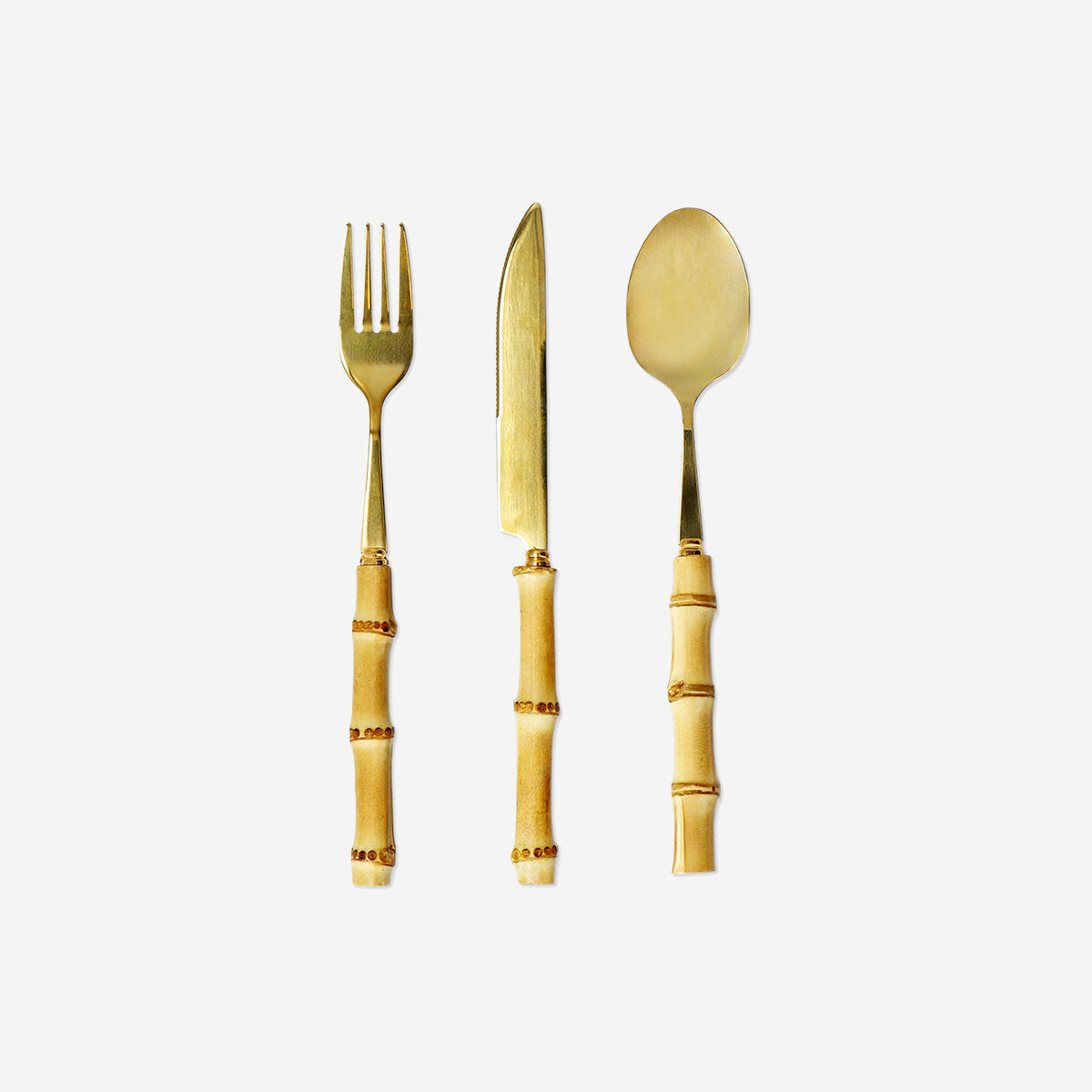 3 Parça Gold Bambu Saplı Çatal Kaşık Bıçak Seti