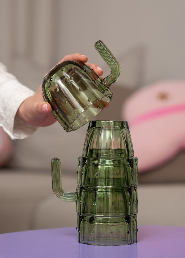 DRINKING GLASS 4PCS CACTUS SHAPE GREEN
