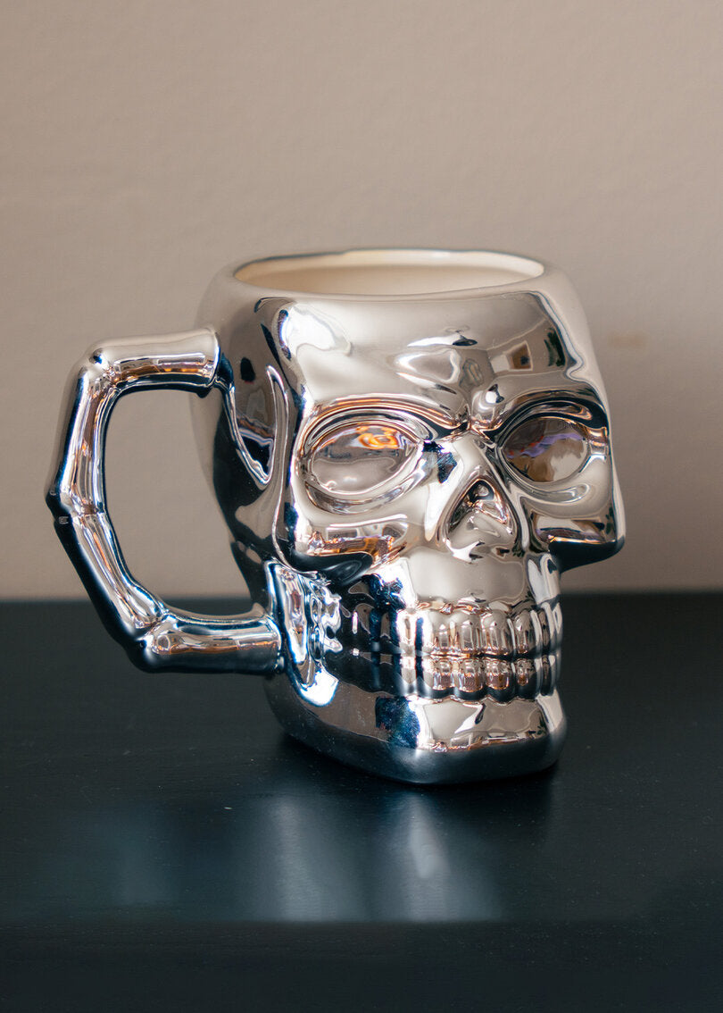 MUG WITH HANDLE SKELETON HEAD SHAPE SILVER