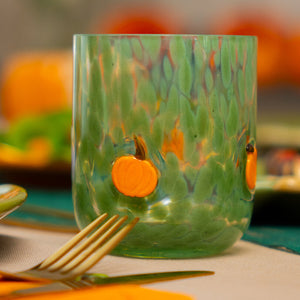 GLASS WITH DOTS COLORED GLASS GREEN W PUMPKIN ORANGE