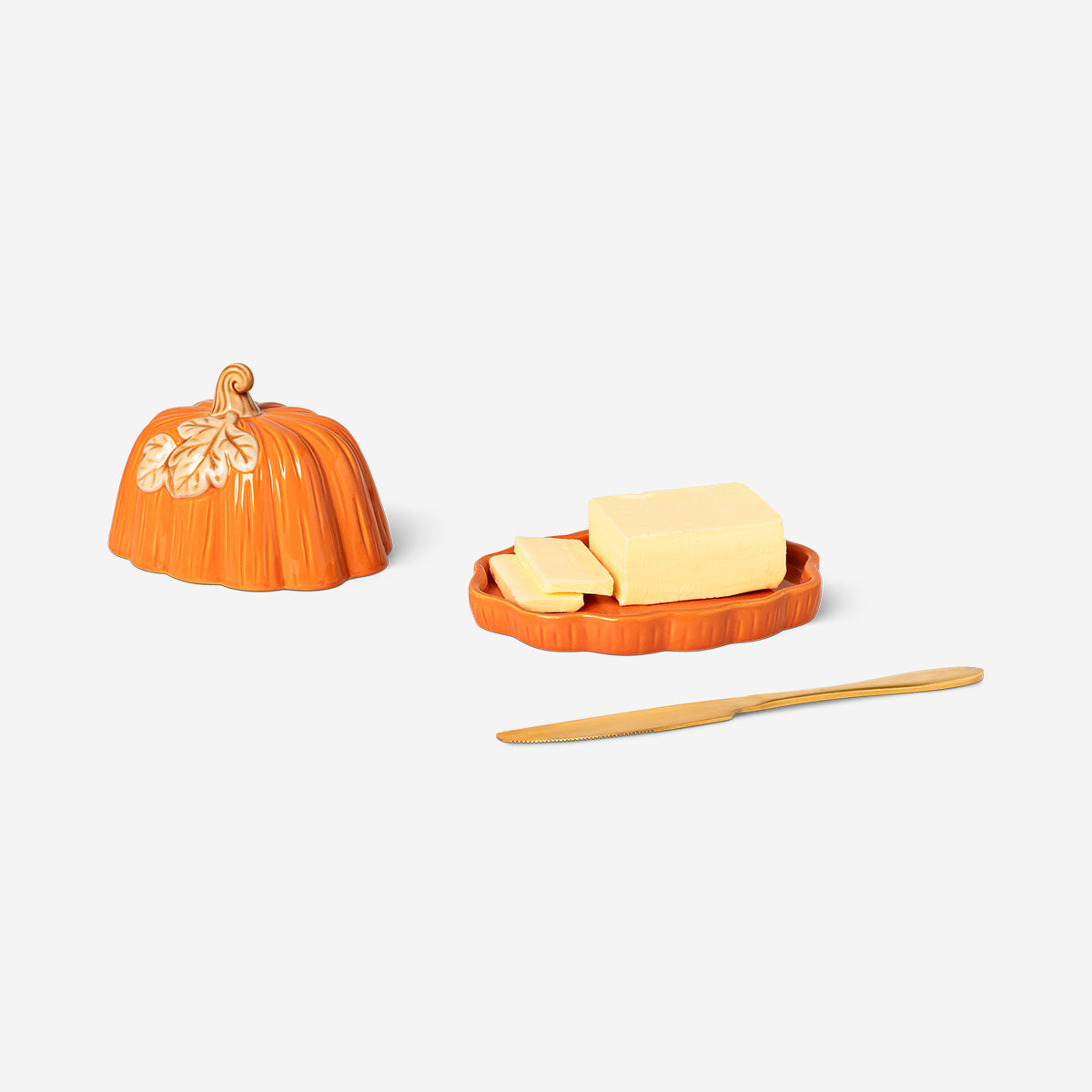 DISH BUTTER CERAMIC PUMPKIN SHAPE AND LEAF DESIGN