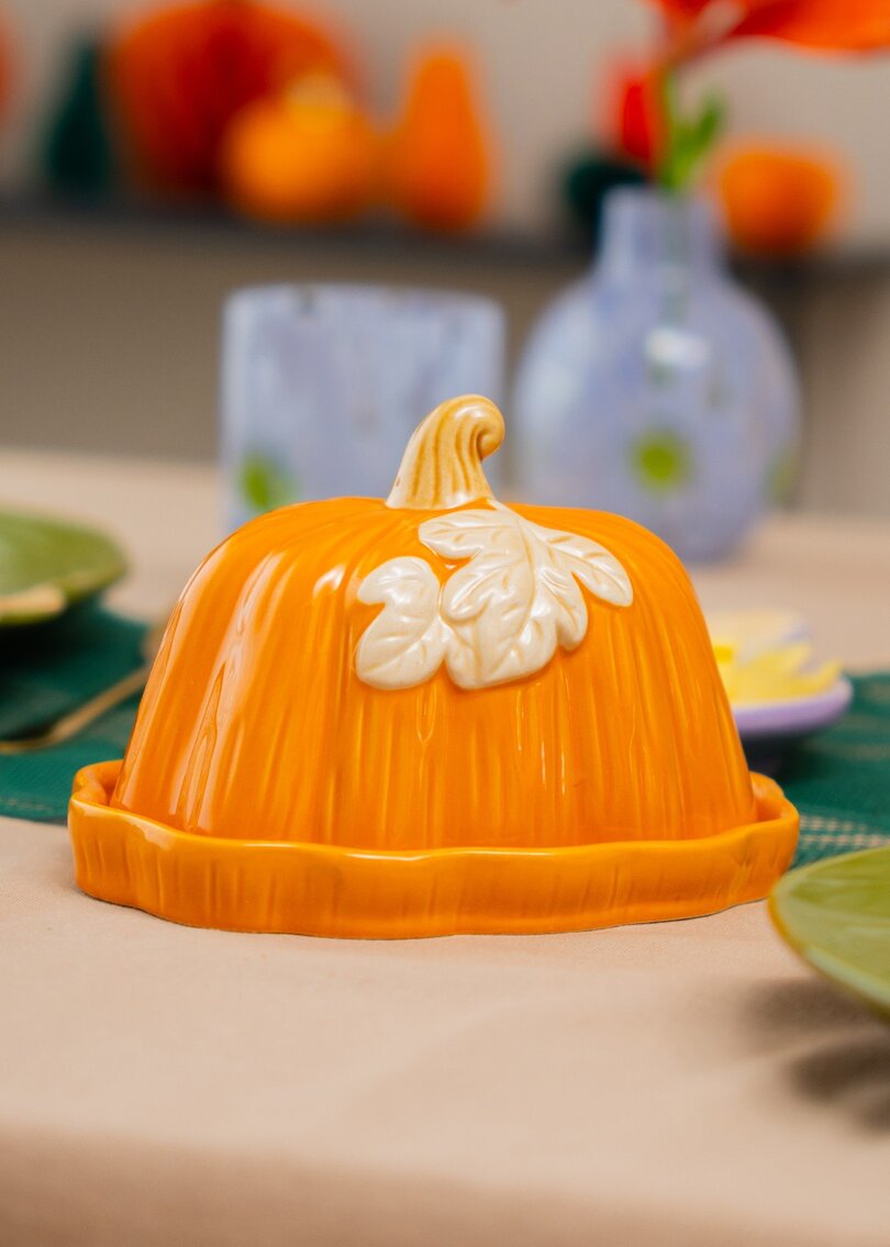 DISH BUTTER CERAMIC PUMPKIN SHAPE AND LEAF DESIGN
