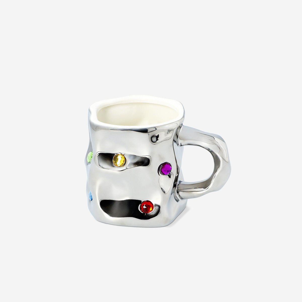 MUG WITH HANDLE SILVER LOOK WITH COLORED STONES