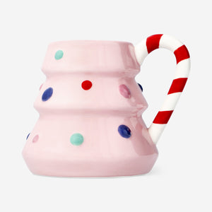 MUG W HANDLE CHRISTMAS TREE SHAPED PINK W STRIPE HANDLE440ML