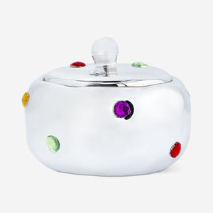 JAR CERAMIC SILVER W LID DIA 10CM WITH STONES