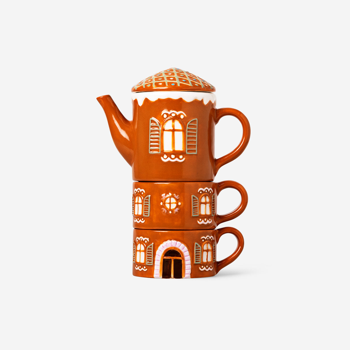 TEAPOT AND 2 MUGS SET SHAPED AS GINGERBREAD HOUSE