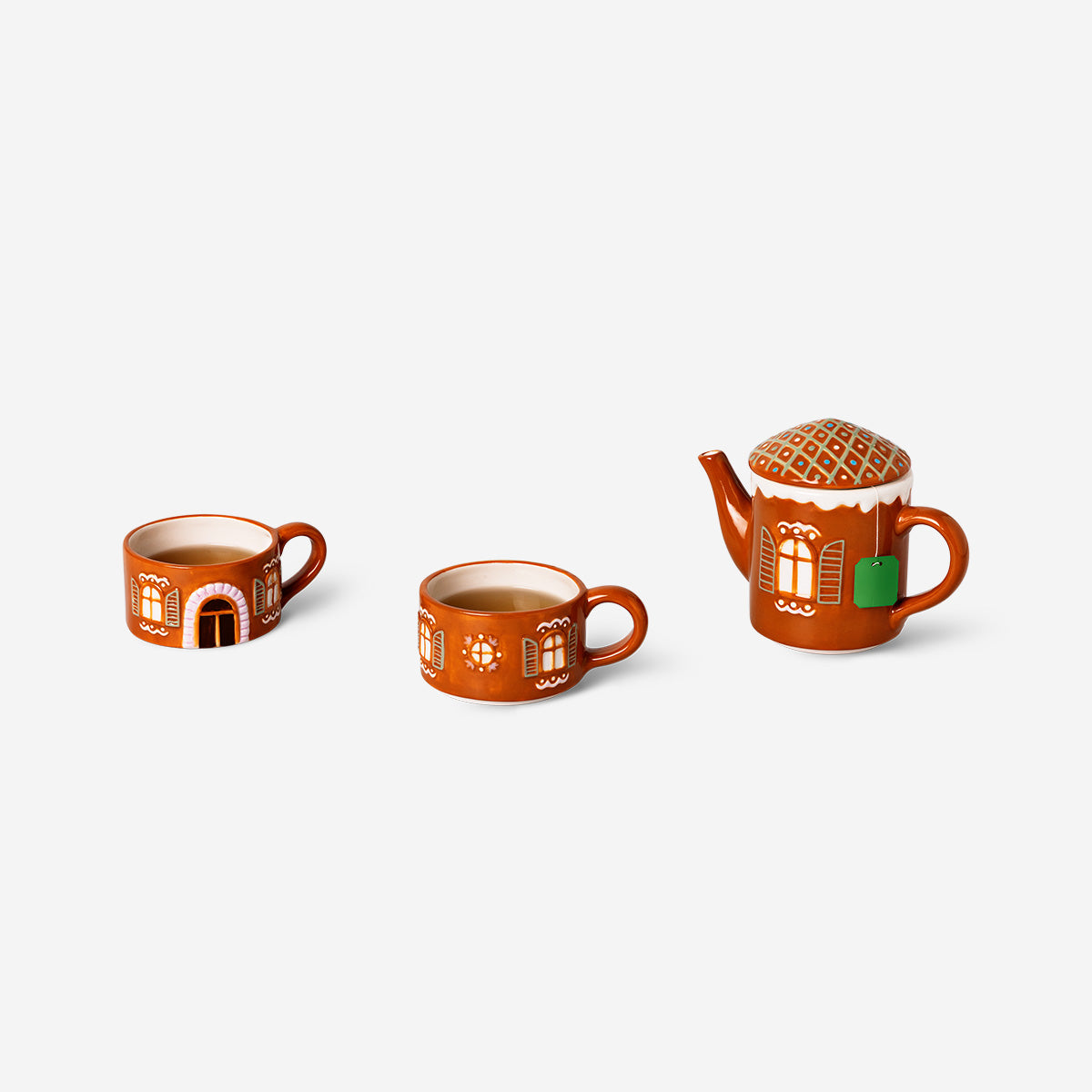 TEAPOT AND 2 MUGS SET SHAPED AS GINGERBREAD HOUSE