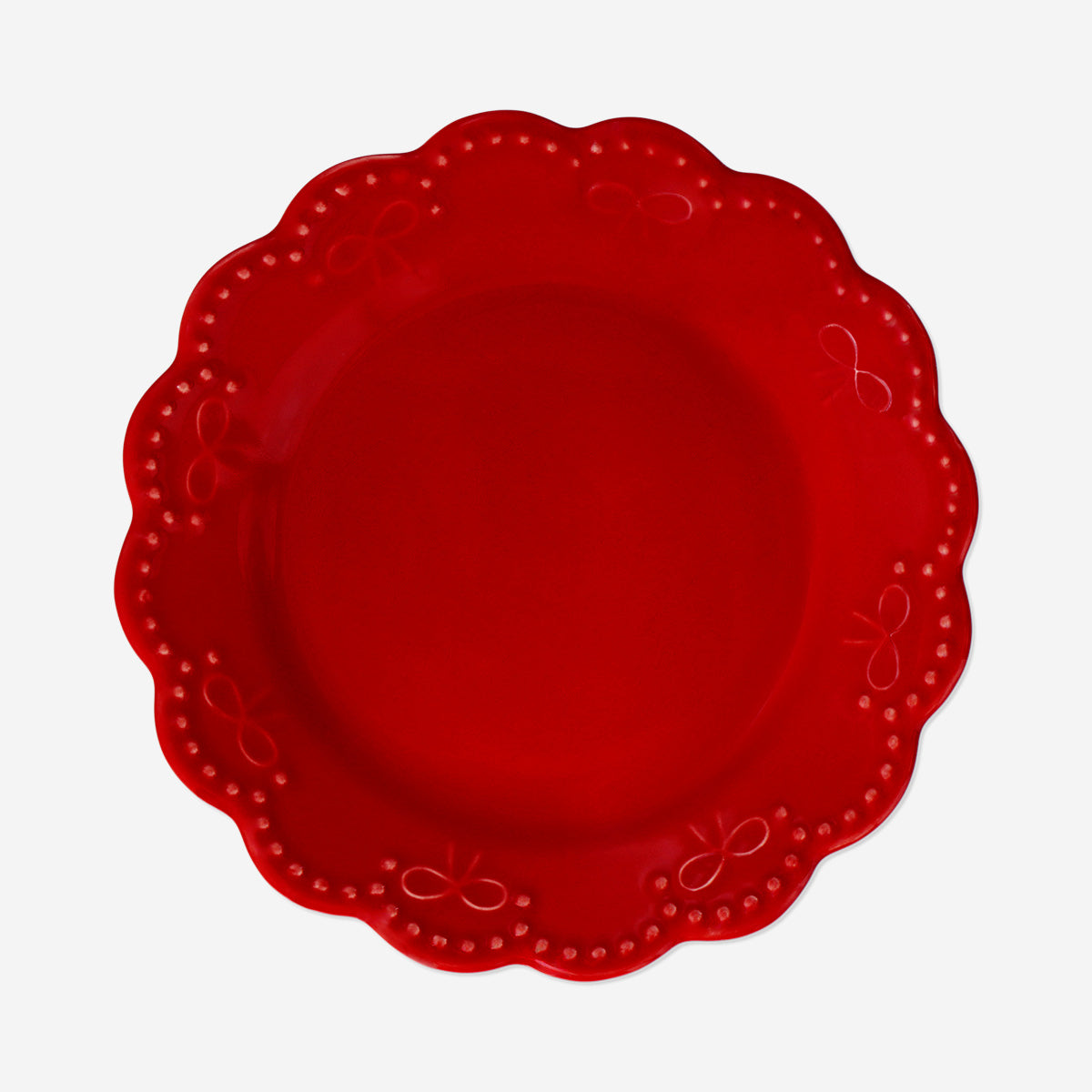 PLATE WITH SCOLLAPE EDGE AND EMBOSSED BOW RED SMALL