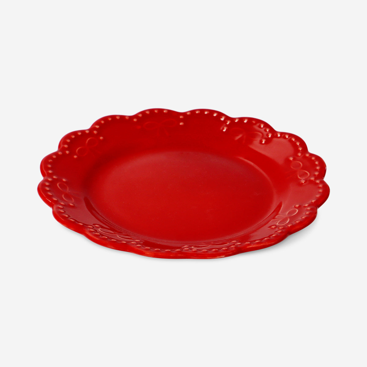 PLATE WITH SCOLLAPE EDGE AND EMBOSSED BOW RED SMALL