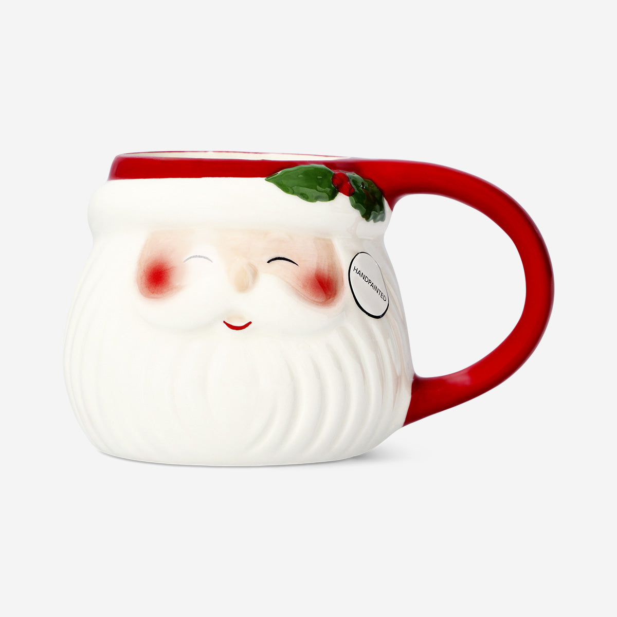 MUG W RED HANDLE & EDGE W SANTA HEAD WITH DETAIL 380ML