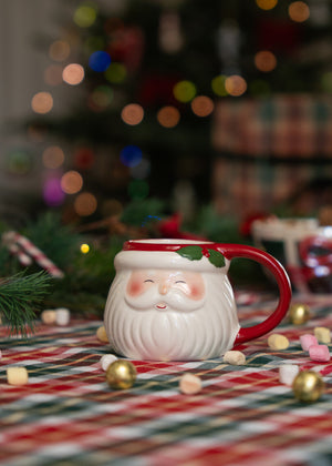 MUG W RED HANDLE & EDGE W SANTA HEAD WITH DETAIL 380ML