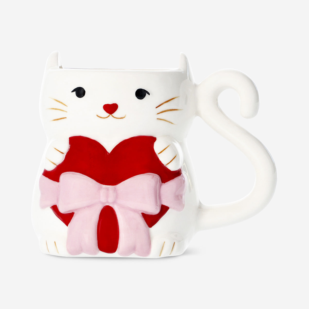 MUG SHAPED AS CAT HOLDING A HEART WITH BOW