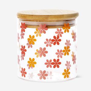 JAR GLASS WITH BAMBOO LID AND FLOWER PRINT SMALL