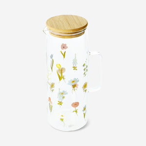 JUG WATER GLASS W BAMBOO LID FLOWERS