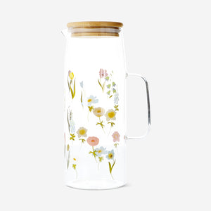 JUG WATER GLASS W BAMBOO LID FLOWERS
