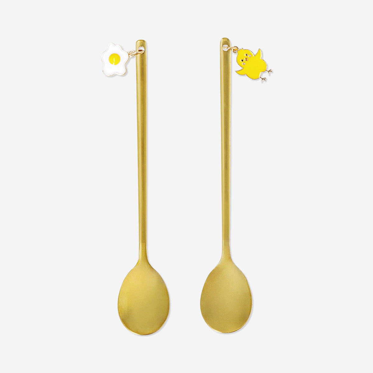 Gold dessert spoons with chick and fried egg charms - 2 pcs