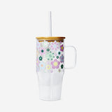 TUMBLER WITH HANDLE GLASS AND BAMBOO LID W DESIGN LARGE