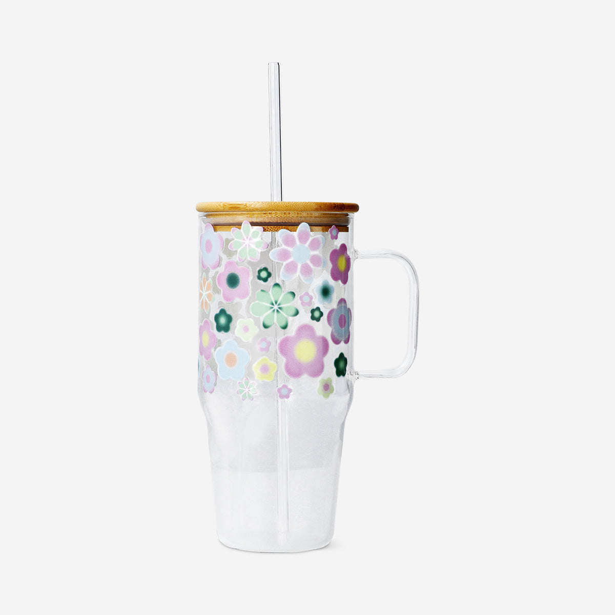 TUMBLER WITH HANDLE GLASS AND BAMBOO LID W DESIGN LARGE